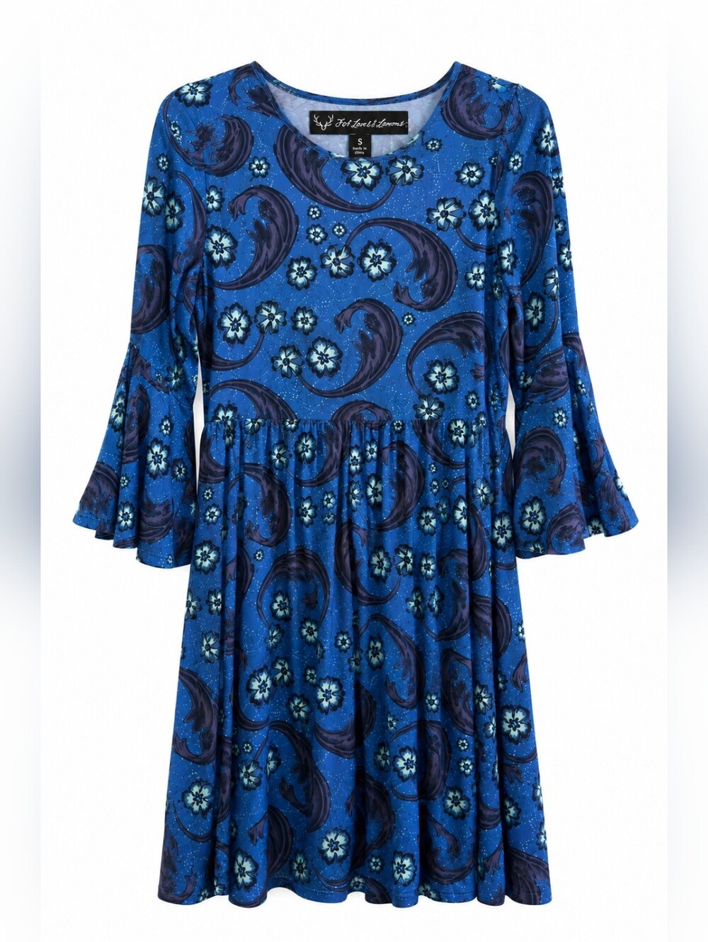 For Love And Lemons Blue Paisley Bell Sleeve Babydoll Mini Dress Sz S Boho FP - Picture 2 of 12